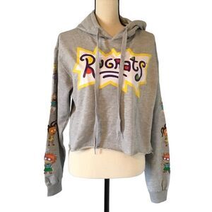 Nickelodeon Rugrats Women’s Gray Cropped Hoodie Characters On Sleeve  Medium NWT
